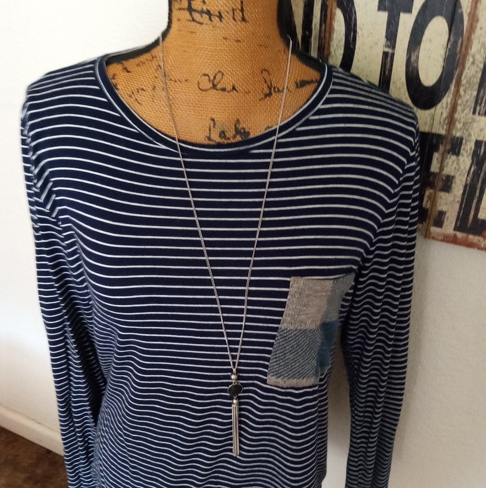 Cute Navy & white pin striped shirt with plaid  chest pocket and elbow patches